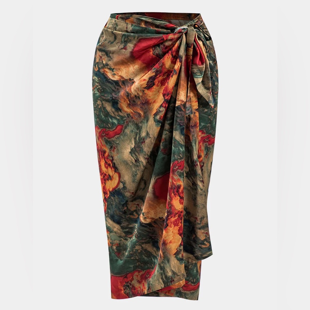 Micas Plus Size Abstract Print Satin Tie Front Skirt - Picture 6 of 15